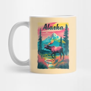 Alaska Moose Mountain Trees Retro Risograph Design Souvenir Mug